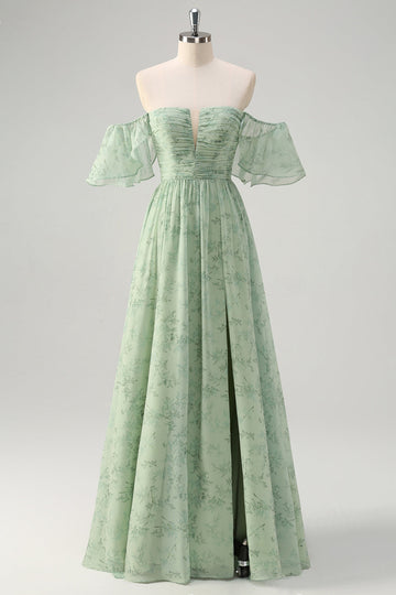 Dusty Sage A Line Off the Shoulder Print Lang Ballkjole med Splitt